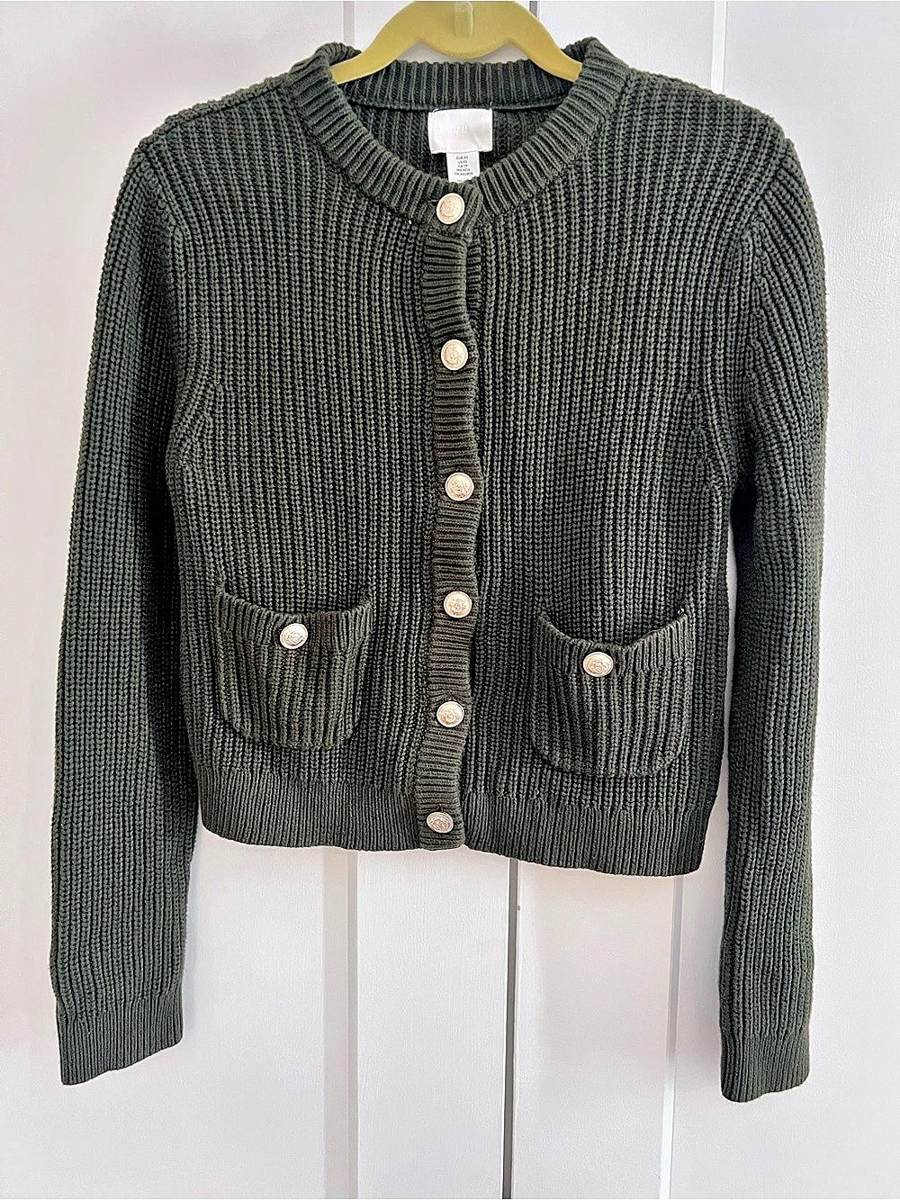 H&M Rib-Knit Cardigan Ribbed Button-Front Green XS